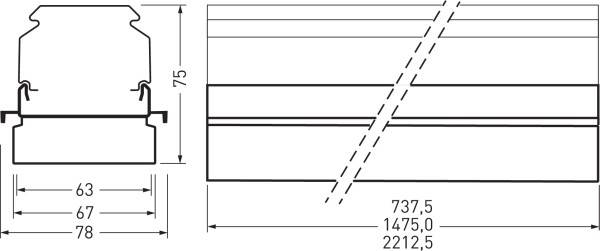 Dessin technique d'une coupe de profil avec dimensions : Largeur 63 à 78 mm, Hauteur 75 mm. Longueurs : 737,5 mm, 1475 mm, 2212,5 mm.