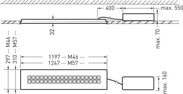 Dessin technique d'un corps lumineux rectangulaire avec boîte de raccordement. Dimensions : longueur 1197 mm et 1247 mm, largeur 310 mm.