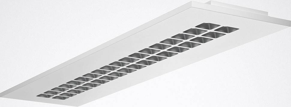 Plafonnier blanc au design moderne, doté de caches allongés et perforés. Idéal pour les bureaux ou les espaces intérieurs contemporains.