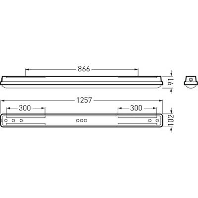 Dimensions d'un luminaire rectangulaire : Longueur 1257 mm, Largeur 91 mm, Hauteur 102 mm. Longueurs supplémentaires : 866 mm, 300 mm.