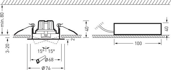 Dessin technique d'un luminaire encastré. Détails de positionnement : épaisseur de plafond de 3-20 mm, espace libre minimal de 80 mm. Angle d'inclinaison : 15°.