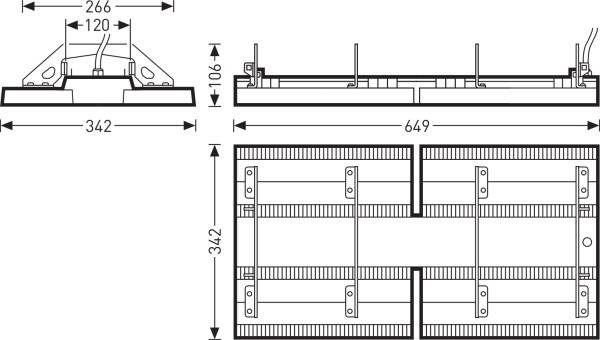 Dessin technique d'un module de plafond avec dimensions : 342 mm de largeur, 649 mm de longueur, 106 mm de hauteur. Vue détaillée des composants.