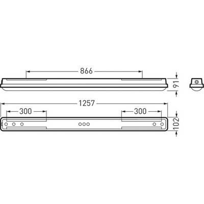 Dessin technique d'un luminaire rectangulaire. Dimensions principales : 1257 mm de longueur, 91 mm de hauteur, 102 mm de largeur. Distances de montage indiquées.
