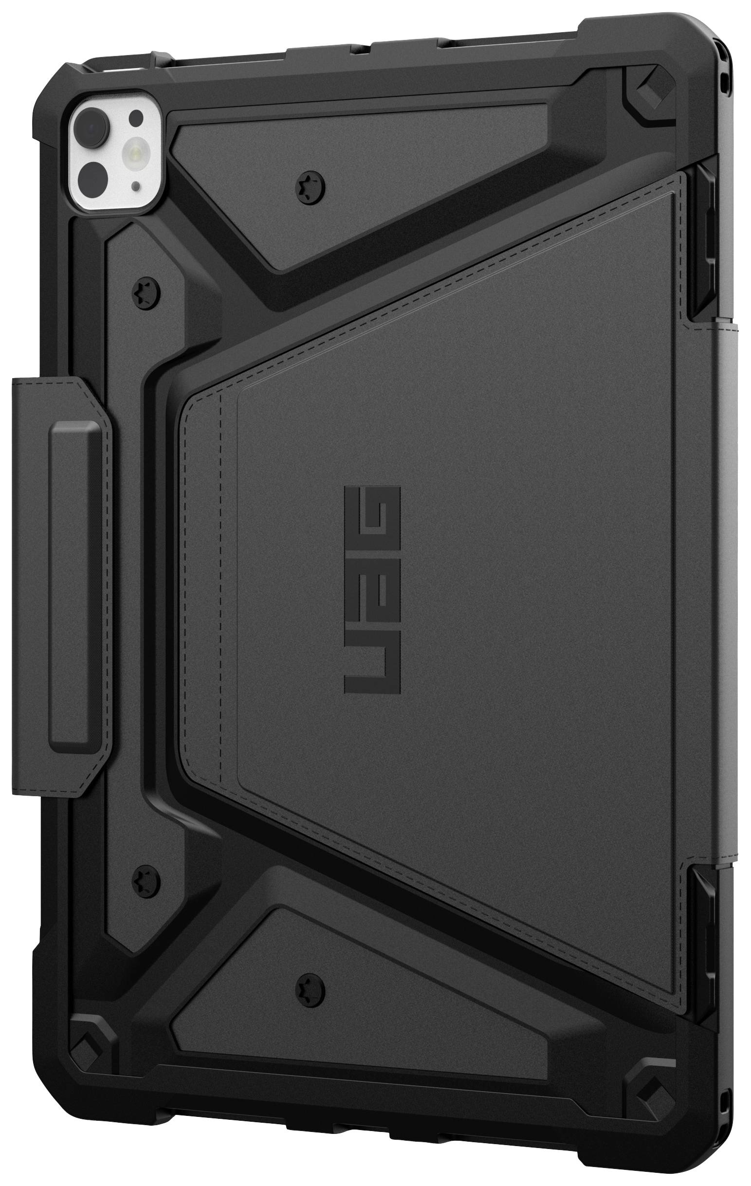 Étui noir et robuste pour tablette avec un design géométrique offrant une protection renforcée aux coins. Nom de marque 'UAG' au dos.