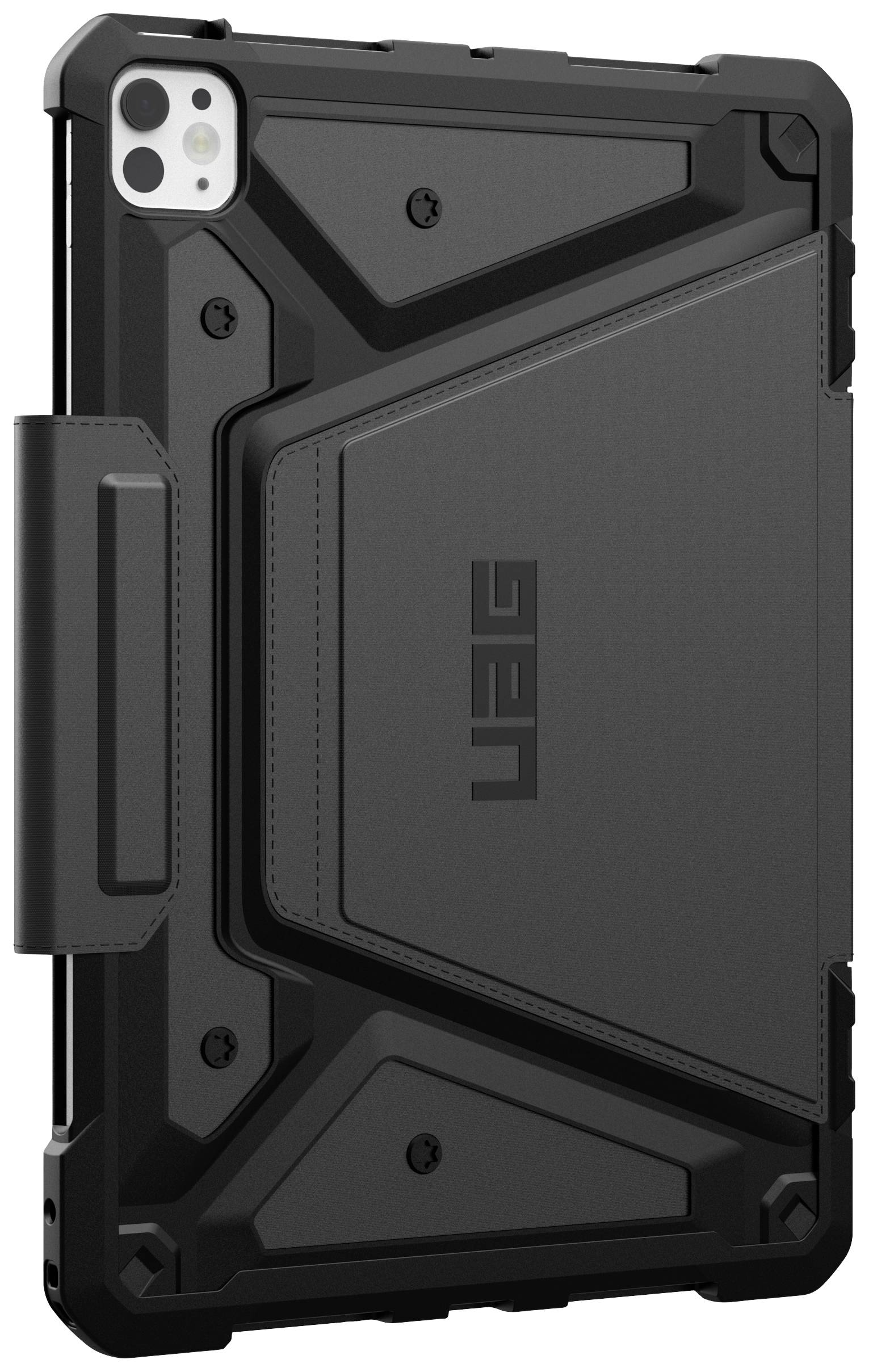 Tablette avec une coque de protection robuste en noir. La coque présente un design structuré et protège l'arrière et les bords de l'appareil.