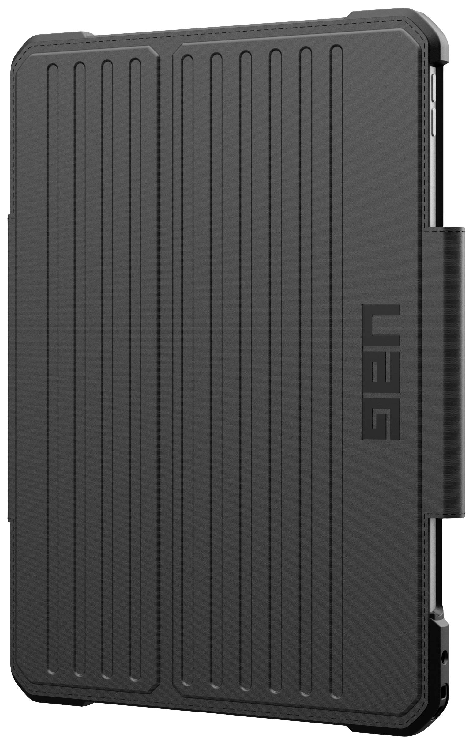 Étui noir pour tablette, robuste, avec des rainures verticales et logo sur la face avant.