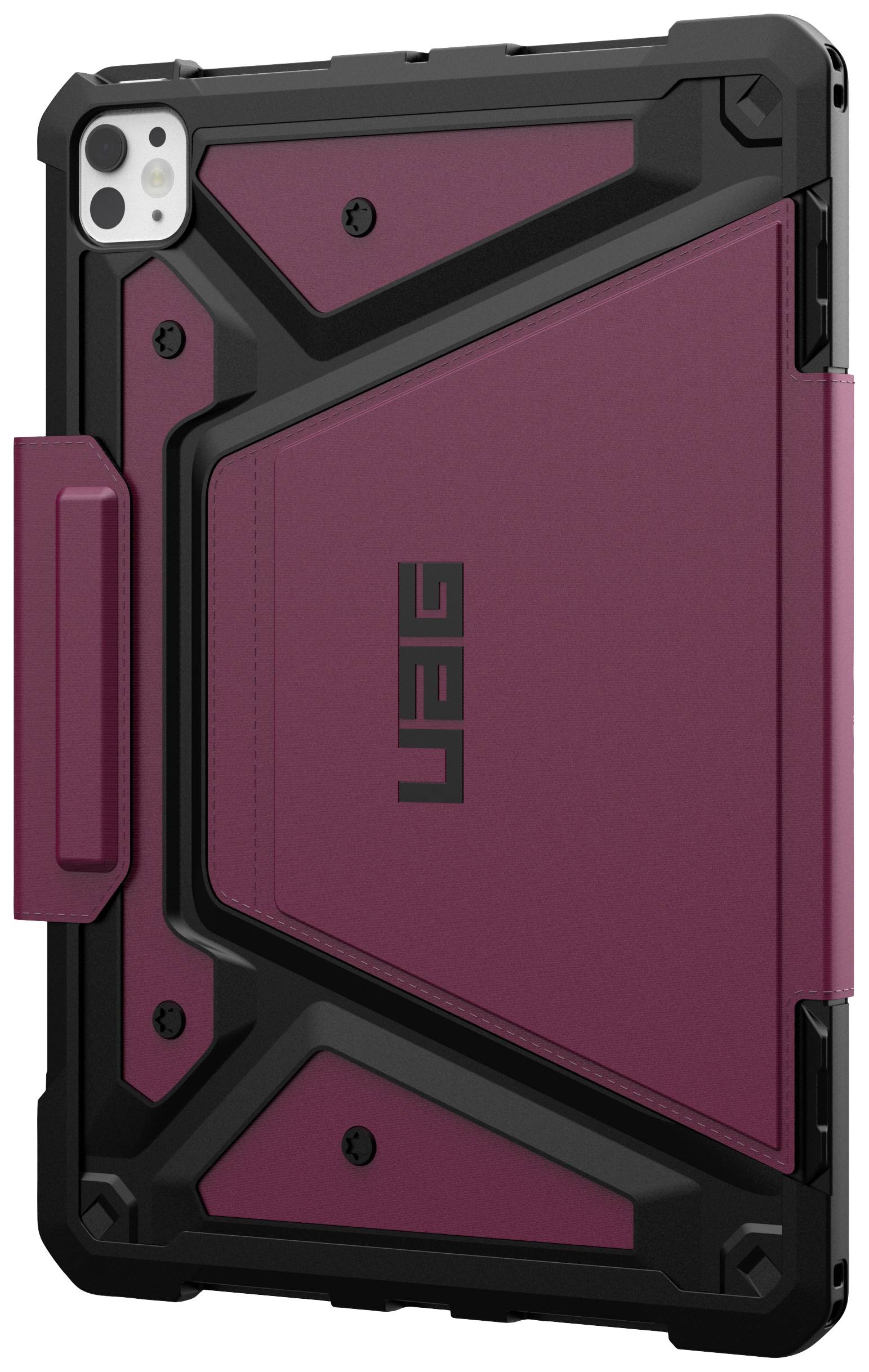 Une pochette de tablette robuste, couleur bordeaux, avec un cadre noir et un logo en relief. Elle offre une protection grâce à un design géométrique.