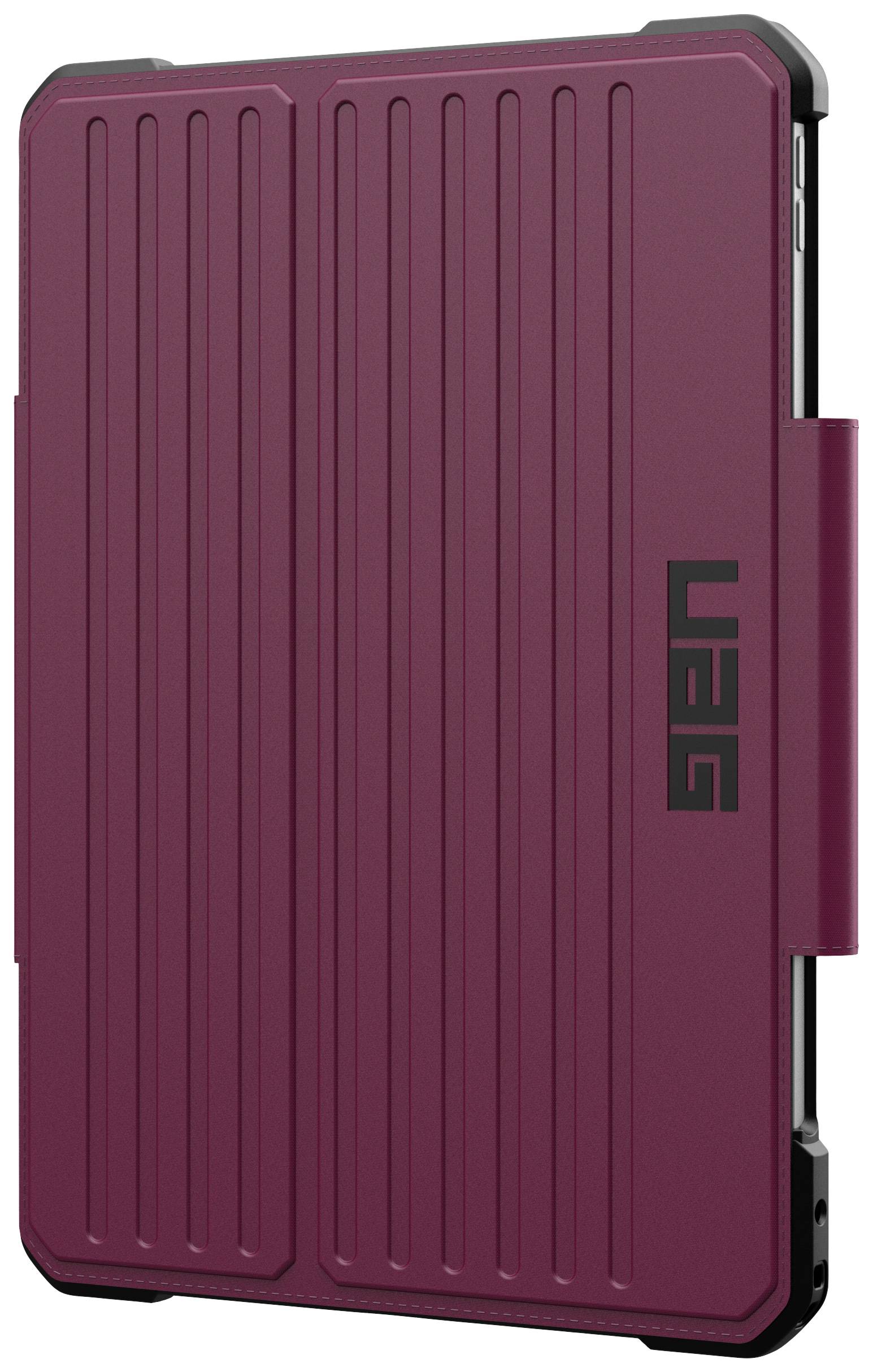 Étui de protection pour tablette, rouge foncé, avec rainures verticales, logo 'UAG' visible sur le côté, design solide et antidérapant.