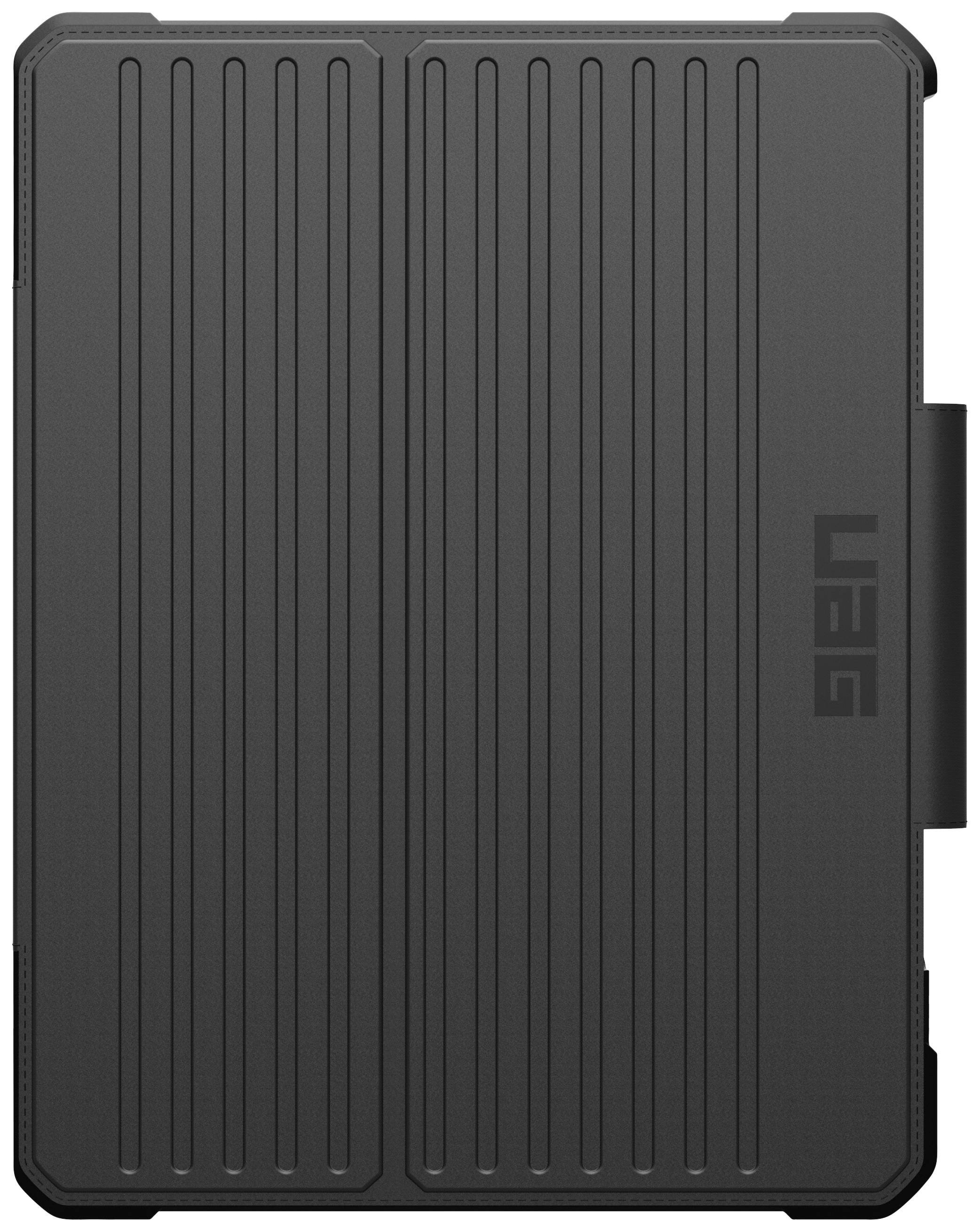 Une coque de protection grise et texturée pour un appareil électronique, fermée, avec des rainures verticales et le logo 'UAG'.