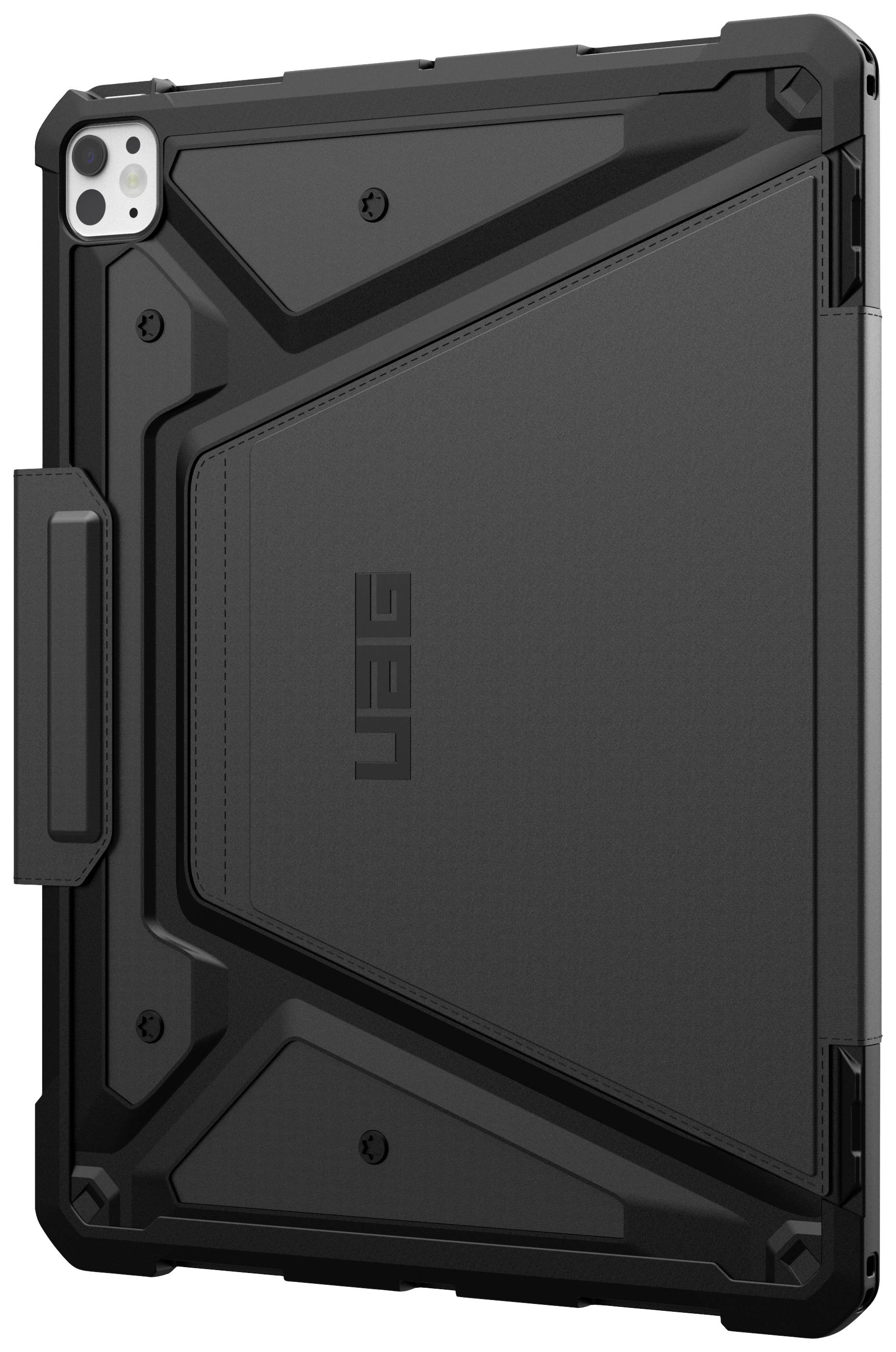 Étui de tablette au design robuste et anguleux en noir, offrant une protection contre les chocs grâce à un matériau renforcé.