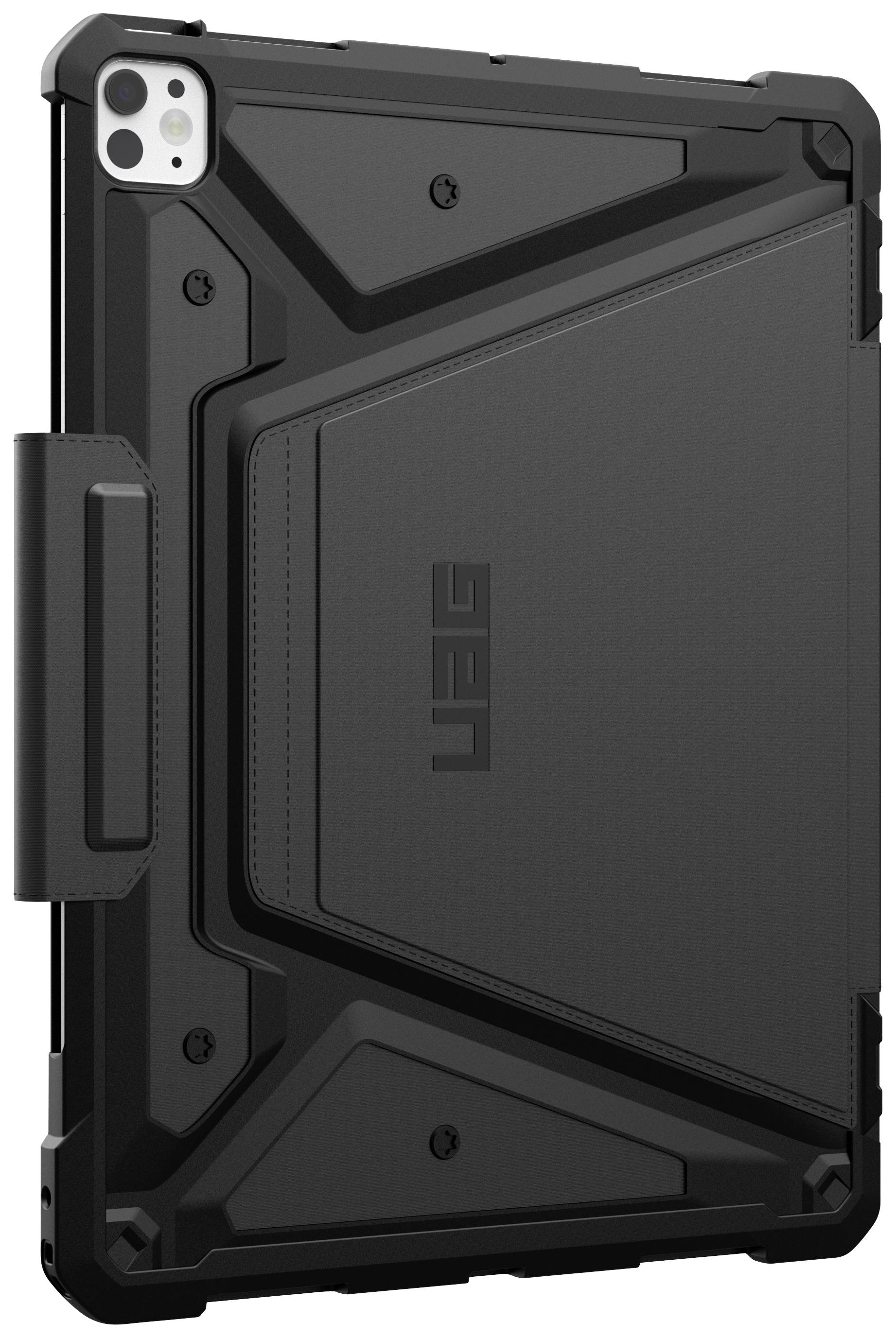 Étui noir et robuste pour tablette, au design anguleux et à la structure solide, conçu pour la protection et la stabilité. Marque UAG visible.