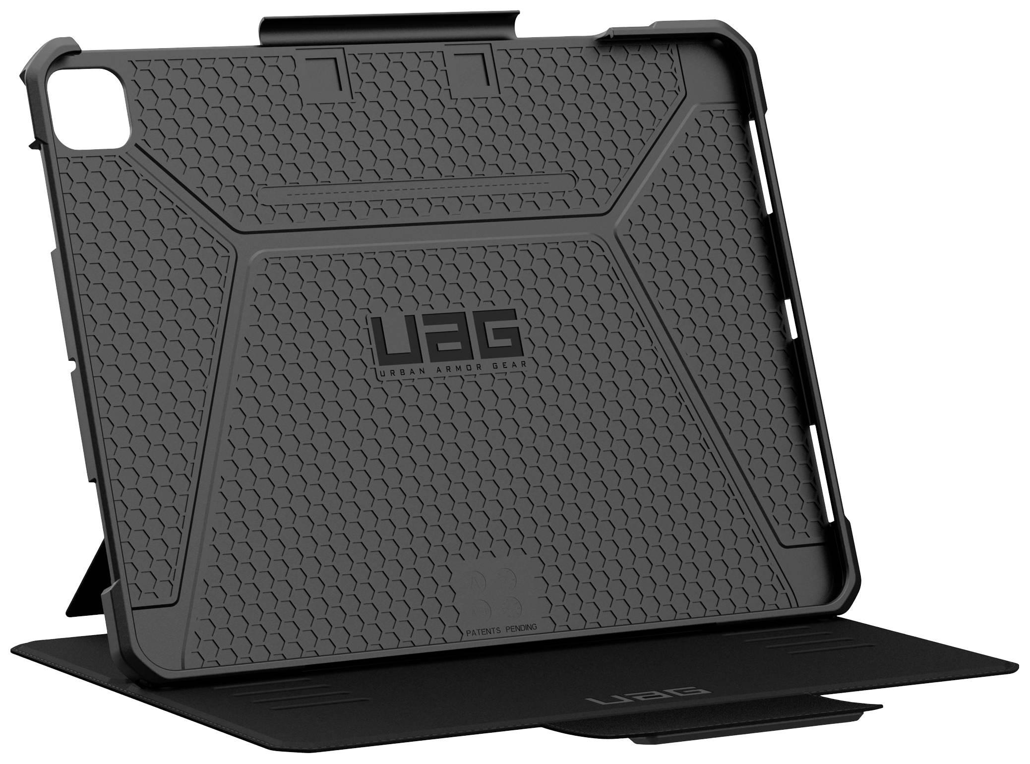Étui de protection noir UAG pour tablette, ouvert avec surface structurée et fonction support.