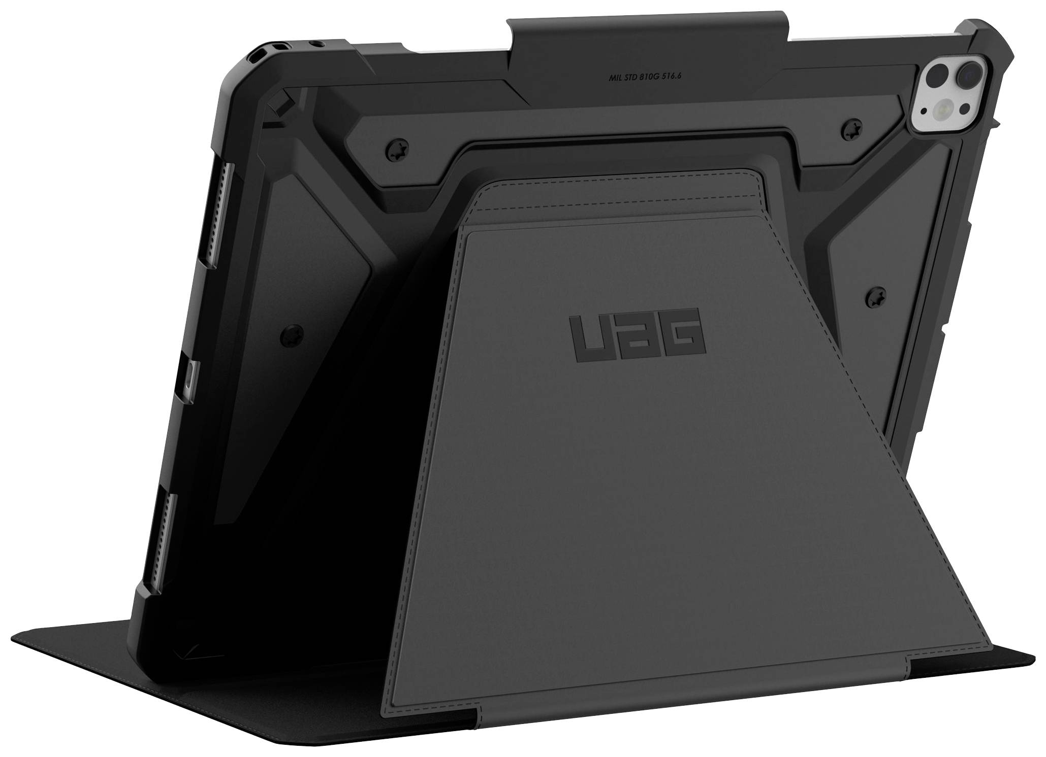 Une tablette iPad noire dans un étui robuste doté d'un support intégré. Idéal pour une prise en main sécurisée et une visualisation facile.