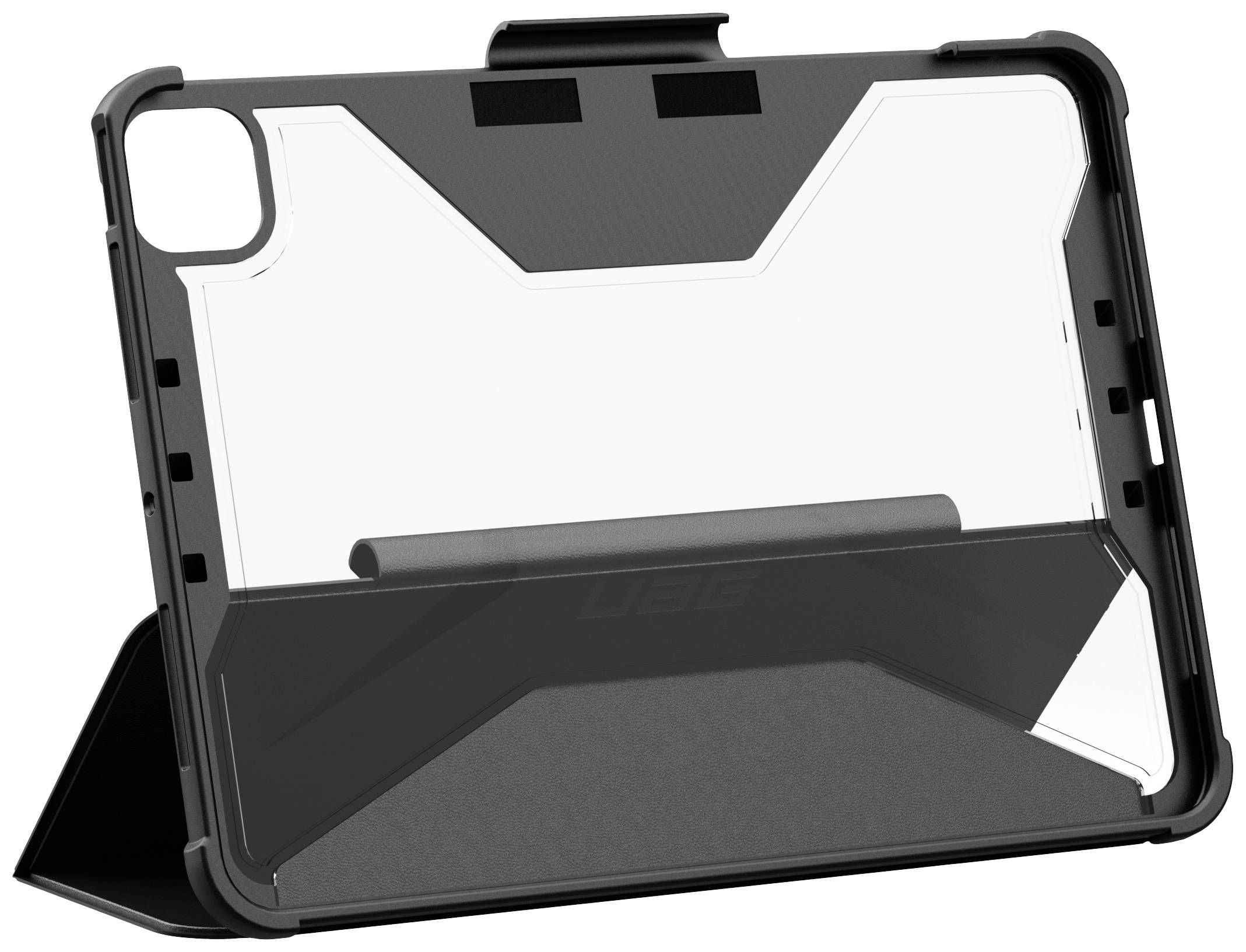 Étui pour tablette noir en plastique robuste avec dos transparent et support intégré. Protège l'appareil et permet une utilisation mains libres.