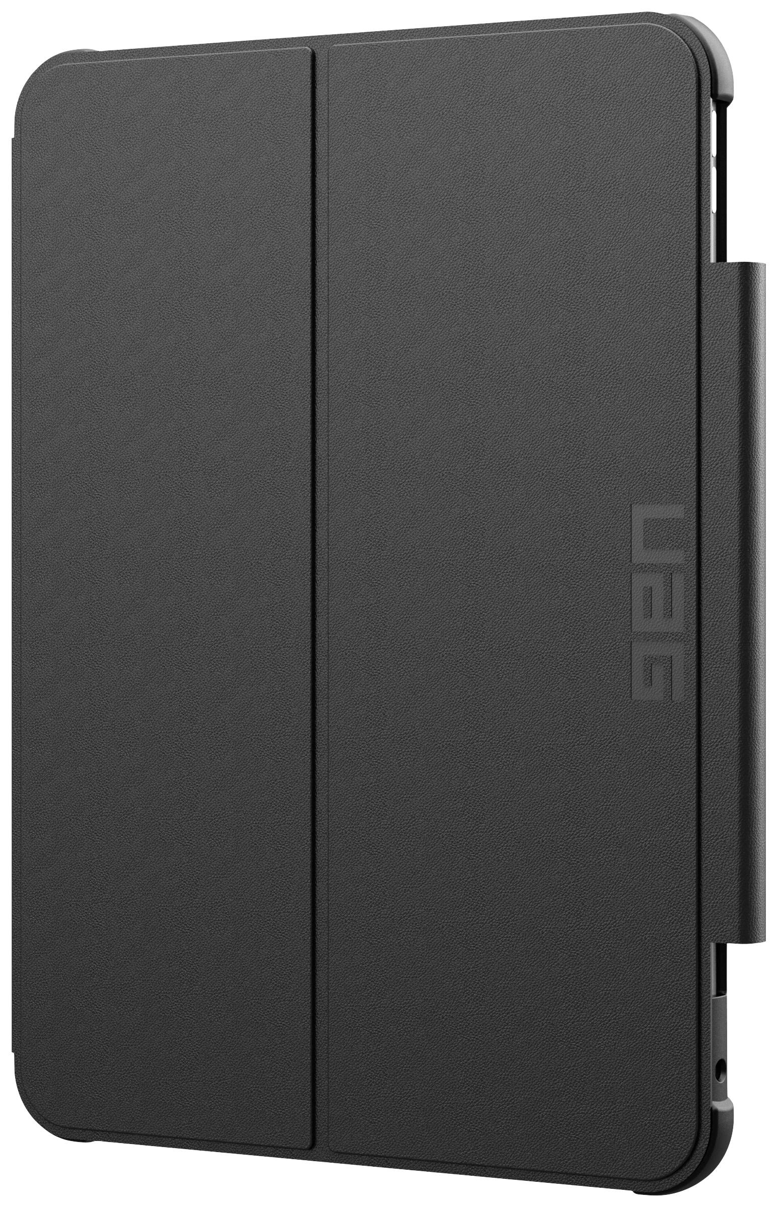 Étui de protection noir pour tablette, fermé, avec le logo UAG sur le côté.