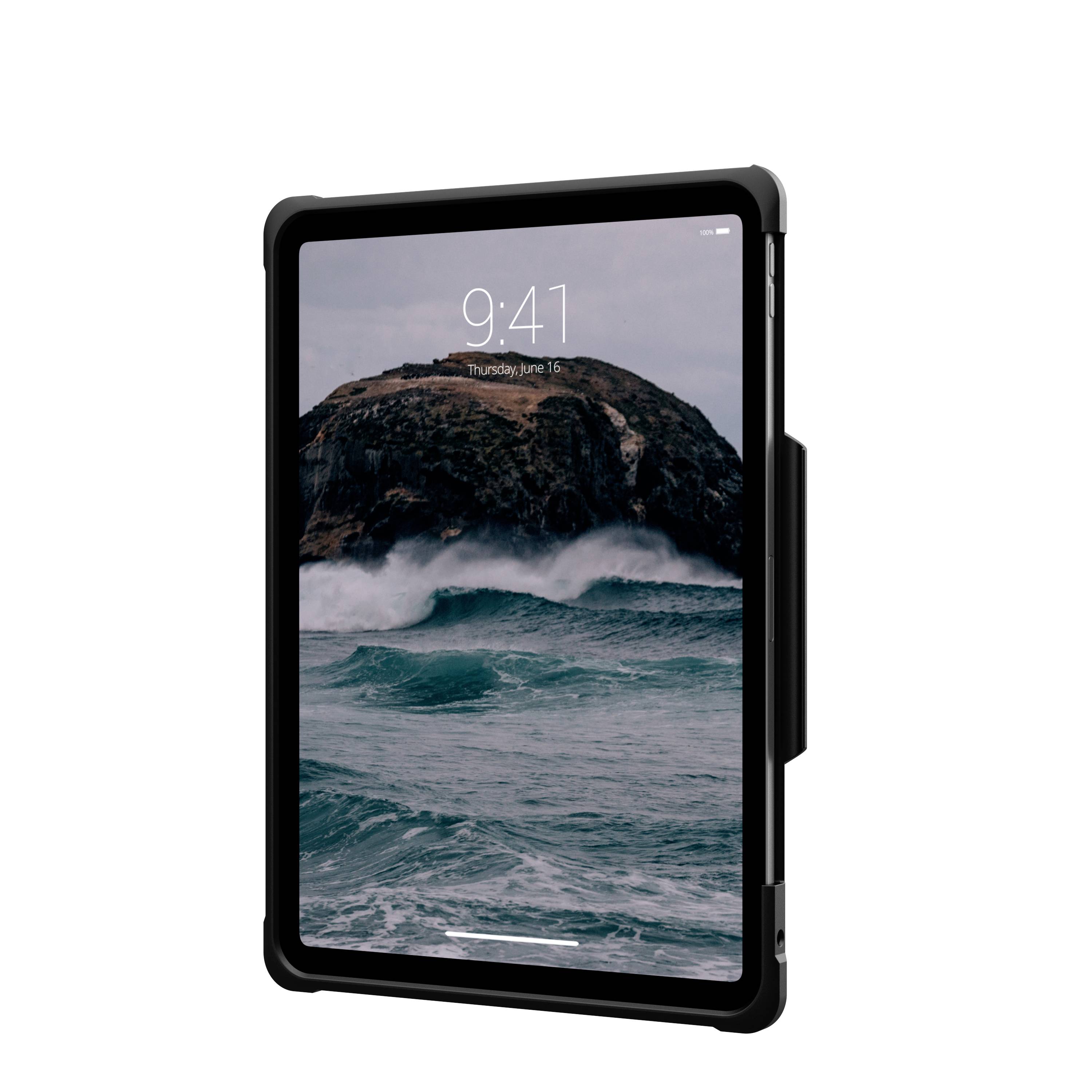 Une tablette affichant une image de la mer et d'un paysage montagneux sur son écran. En haut sont indiqués l'heure '9:41' et la date 'Jeudi, 15 juin'.