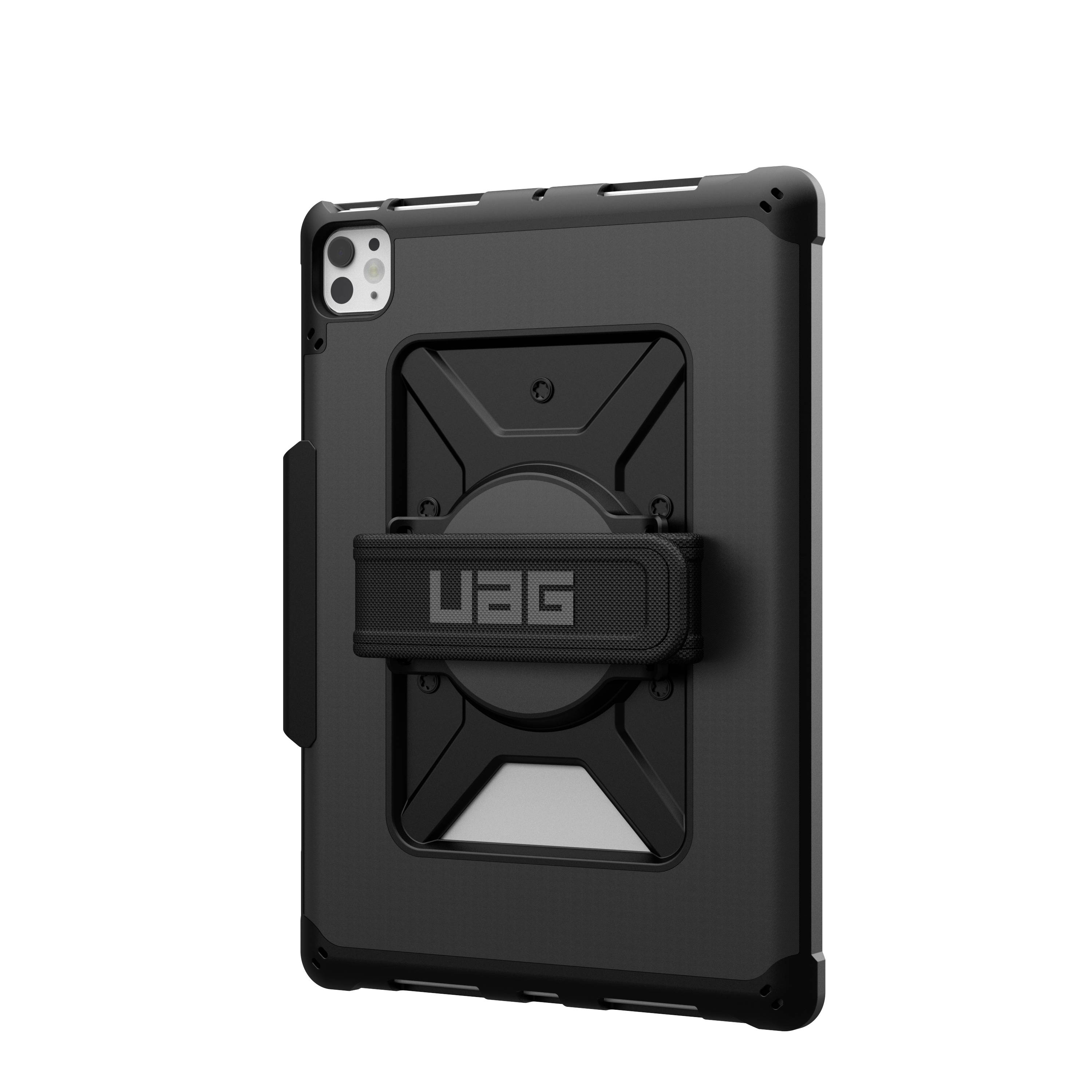 Boîtier noir et robuste pour tablette par UAG, doté d'une poignée de transport et de coins renforcés, pour une protection et une maniabilité améliorées.