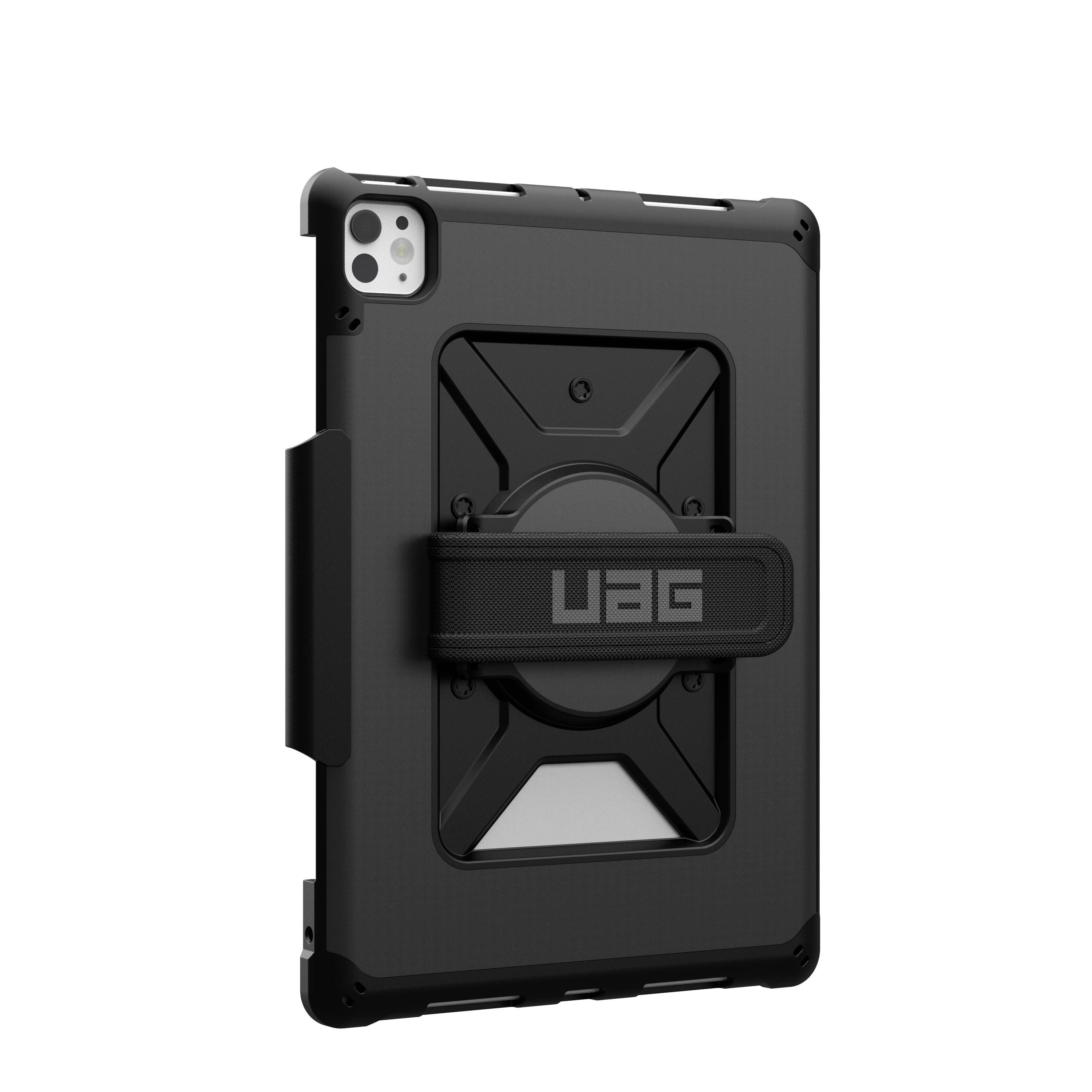 Étui noir pour tablette au design robuste, avec une poignée sur l'arrière, des coins renforcés et un découpage précis pour l'objectif de la caméra.