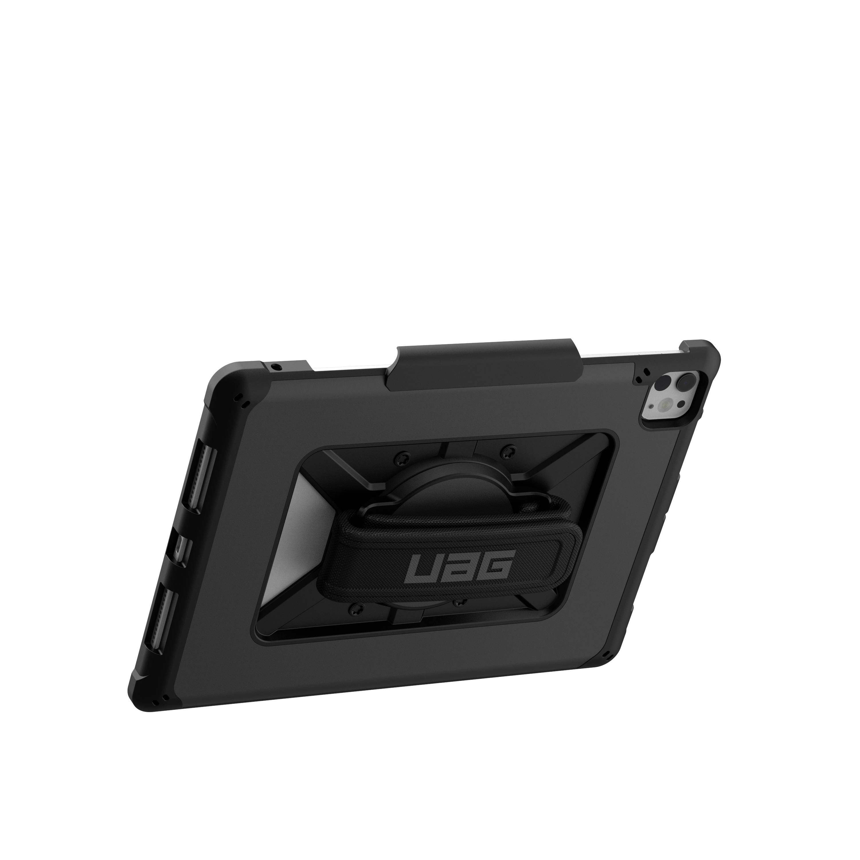Vue arrière d'une housse de protection noire pour tablette avec support intégré et poignée, conçue pour protéger les appareils électroniques.