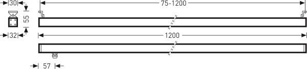 Dimensions d'une poutre : Largeur 57, Hauteur 32, Longueur 1200 mm. Longueur réglable 75-1200 mm. Dispositif de suspension en haut à gauche.