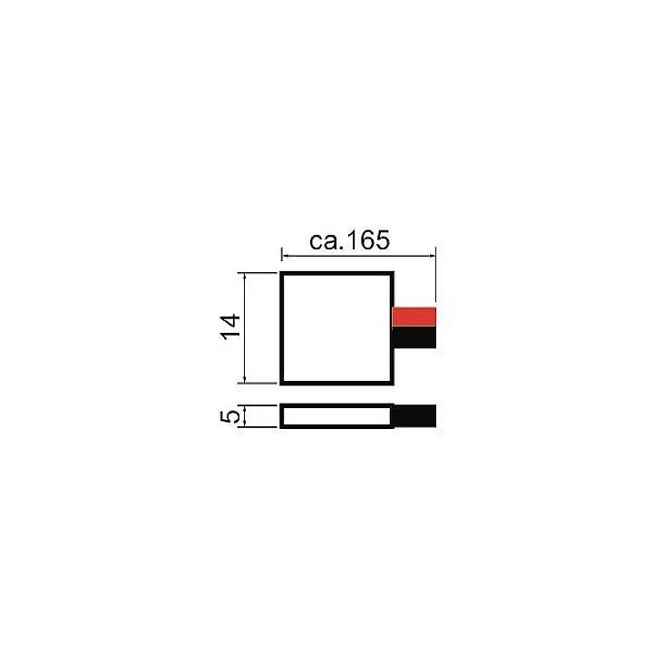 Dessin technique d'un profil carré avec dimensions : largeur 14, longueur env. 165, hauteur 5. Pièce d'accentuation rouge à droite.