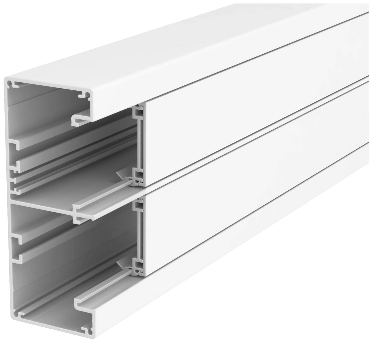 Un profilé rectangulaire blanc en aluminium avec plusieurs chambres et raccords. Adapté aux constructions de bureaux ou industrielles.