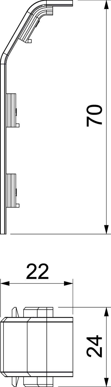 Dessin technique d'un profilé à emboîter avec les dimensions suivantes : hauteur 70 mm, largeur 22 mm, profondeur 24 mm, vue latérale.