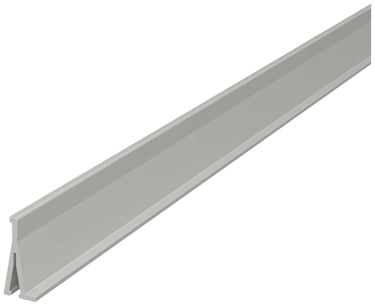 Un profilé métallique gris long en forme de 'T' est placé en biais, ses angles alignés pointant vers la droite. Utilisé comme pièce de construction ou de montage.