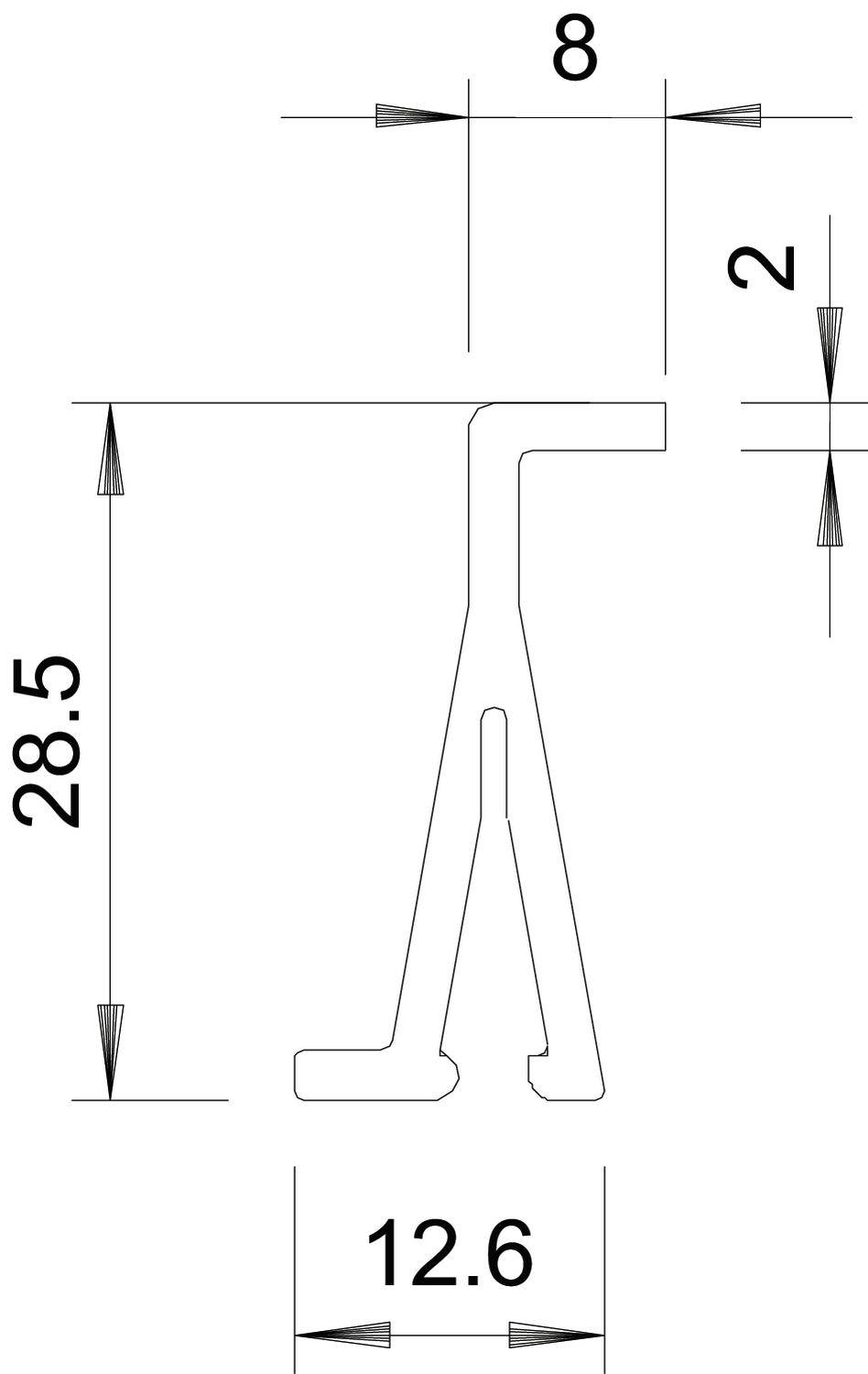 Dessin technique d'une coupe transversale avec dimensions : hauteur 28,5, largeur supérieure 8, largeur inférieure 12,6, dimension supplémentaire 2.