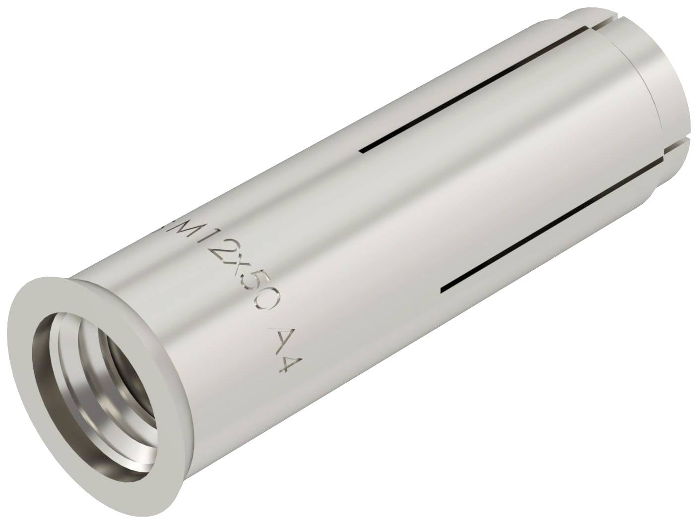 Manchon métallique au design cylindrique élancé portant l'inscription 'M12x50 A4', adapté aux applications d'ancrage ou de fixation.