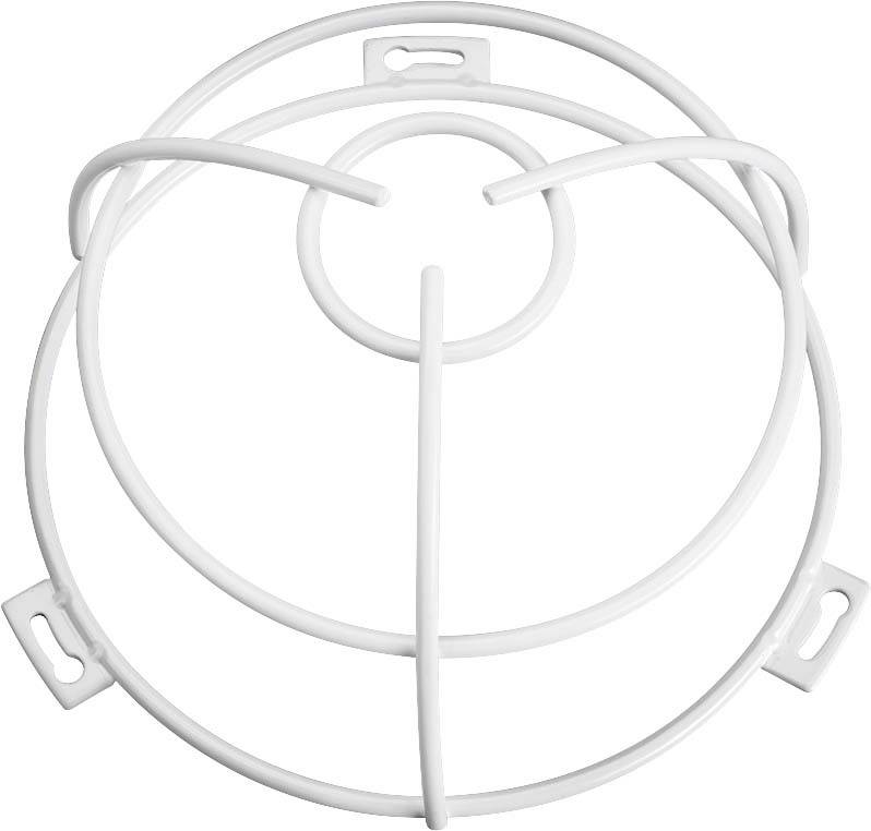 Un protège-ventilateur blanc, rond, en grille métallique, composé de cercles concentriques et de supports radiaux.