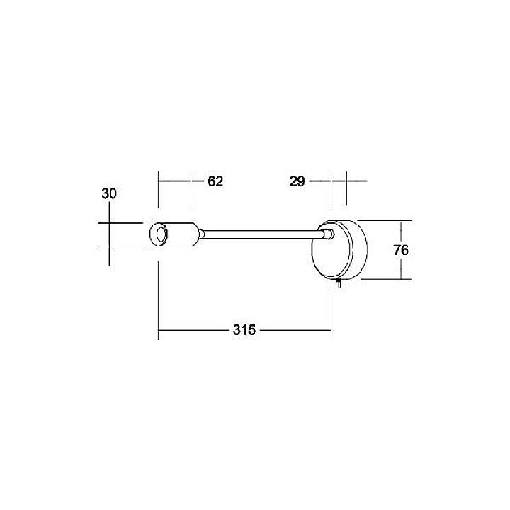 Dessin technique d'un support mural : Dimensions en millimètres. Largeur totale 315, profondeur 76, diamètre du socle 62, longueur 29.
