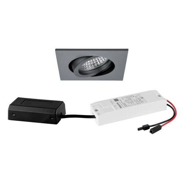 Spot LED de plafond carré noir, avec accessoires, composé d'un boîtier rectangulaire blanc et d'un boîtier rectangulaire noir.