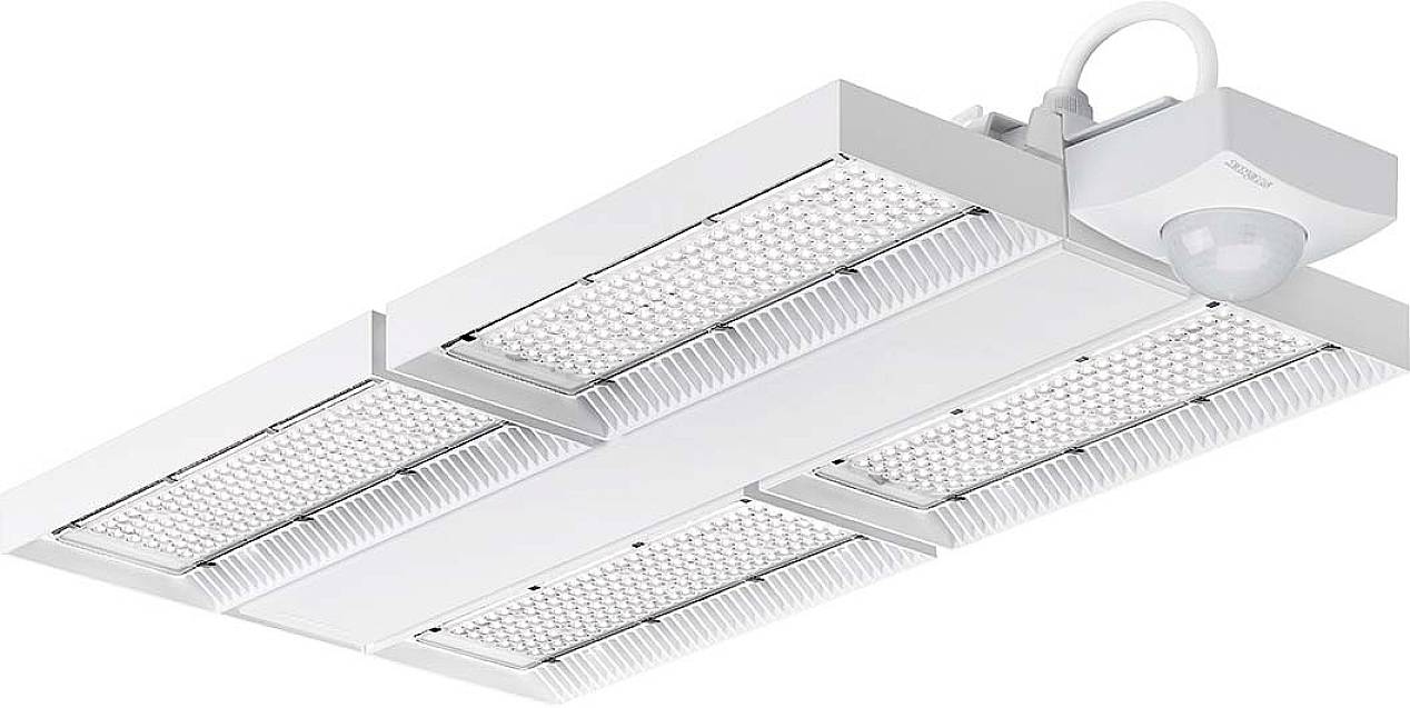 Plafonnier LED au design rectangulaire, composé de quatre modules. Un détecteur de mouvement est fixé sur un côté.
