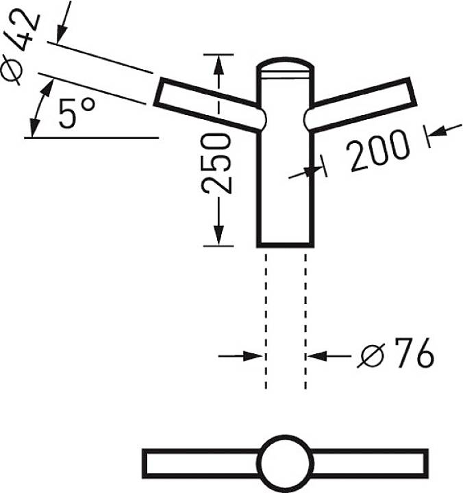 Dessin technique d'un tube avec deux dérivations coudées. Diamètres et dimensions : Ø42, Ø76, angle d'inclinaison de 5°, longueur 250 mm, dérivation 200 mm.