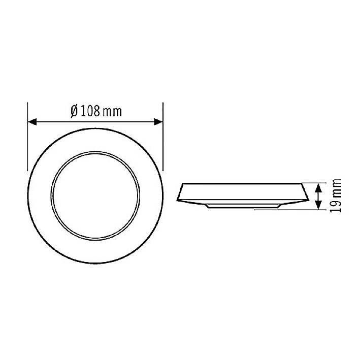 Dessin technique d'un luminaire encastrable LED circulaire. Diamètre : 108 mm, hauteur : 19 mm. Vue latérale et vue de face.