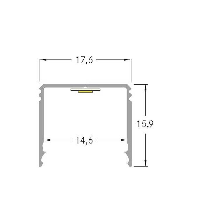 Coupe transversale d'un profil avec les dimensions suivantes : largeur 17,6 mm, hauteur 15,9 mm. Largeur intérieure 14,6 mm.