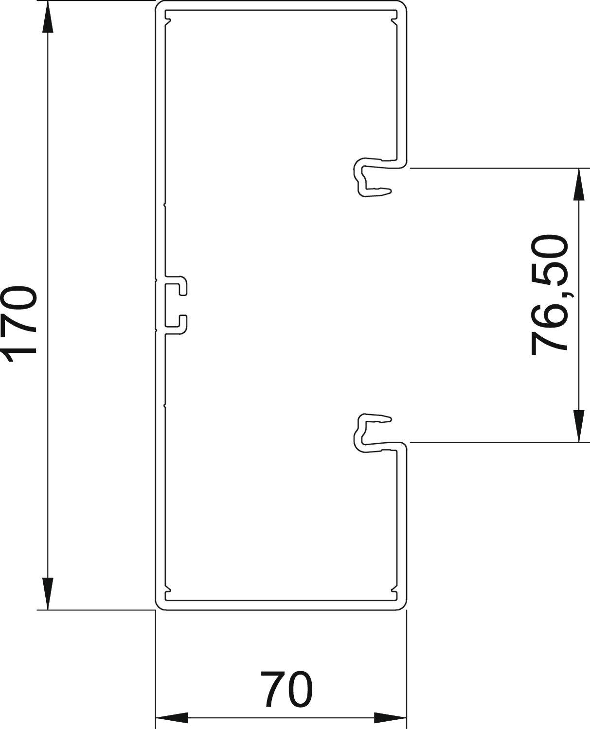 Dessin technique d'un profilé rectangulaire aux dimensions de 170 mm x 70 mm avec un évidement intérieur de 76,50 mm.