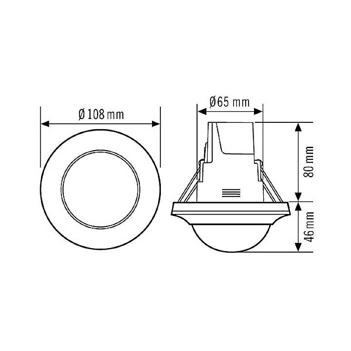 La figure présente un dessin technique d'un spot encastrable rond : diamètre 108 mm, découpe 65 mm, hauteur totale 80 mm.