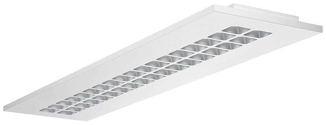 Lampe de plafond blanche rectangulaire avec une grille de carrés ajourés permettant une répartition uniforme de la lumière.