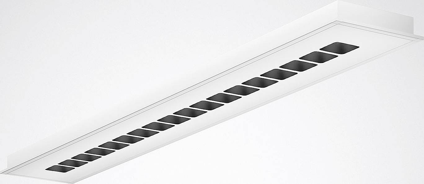 Un plafonnier rectangulaire blanc équipé de plusieurs éléments lumineux noirs disposés en rangée.