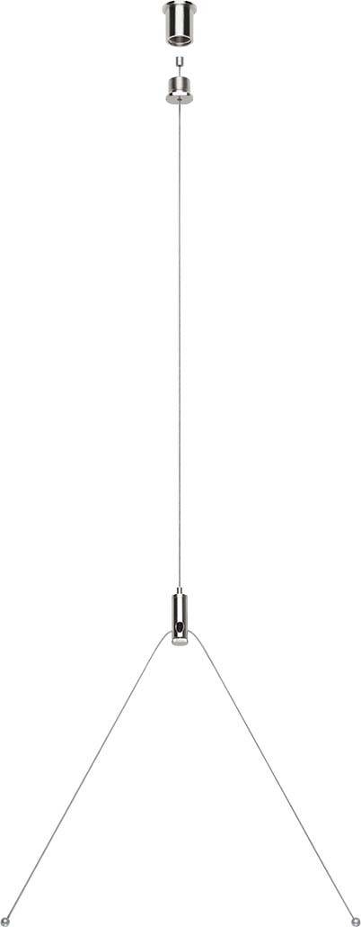 Lampe suspendue avec boîtier en métal chromé et long câble, sur fond blanc. Design minimaliste pour espaces modernes.