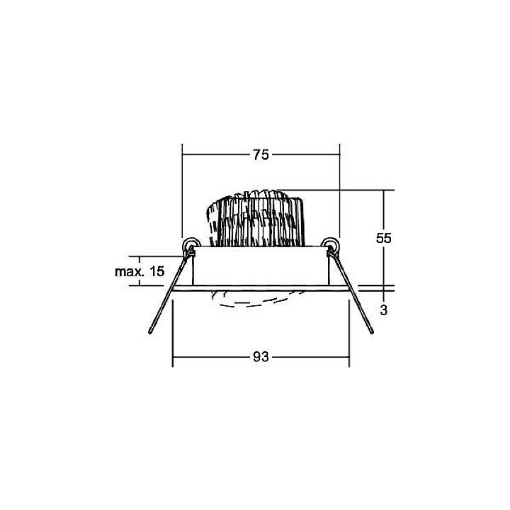 Luminaire encastrable de diamètre 75 mm, profondeur 55 mm, épaisseur maximale d'encastrement 15 mm, et diamètre total de 93 mm.