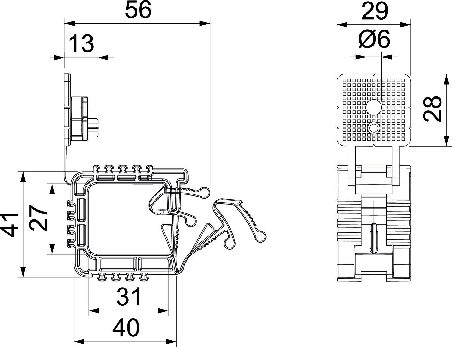 Dessin technique d'un composant rectangulaire avec indication des dimensions en millimètres : Longueur 56, Largeur 40, Hauteur 41.