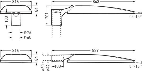 Dessin technique d'un design de lampadaire avec des dimensions en millimètres ; représenté en vue de profil, de face et de côté.