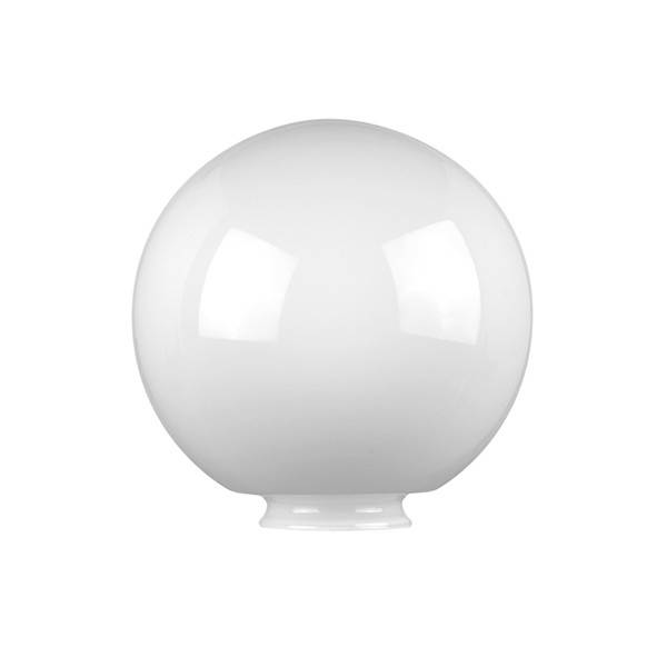 Une boule de verre ronde, blanche, à la surface lisse et dotée d'un petit support, adaptée comme abat-jour ou élément décoratif.