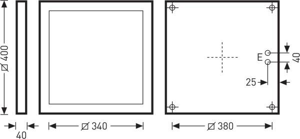 Dessin technique d'un objet carré avec une longueur de côté de 40 cm. Dimensions des carrés intérieurs : 34 cm et 38 cm.