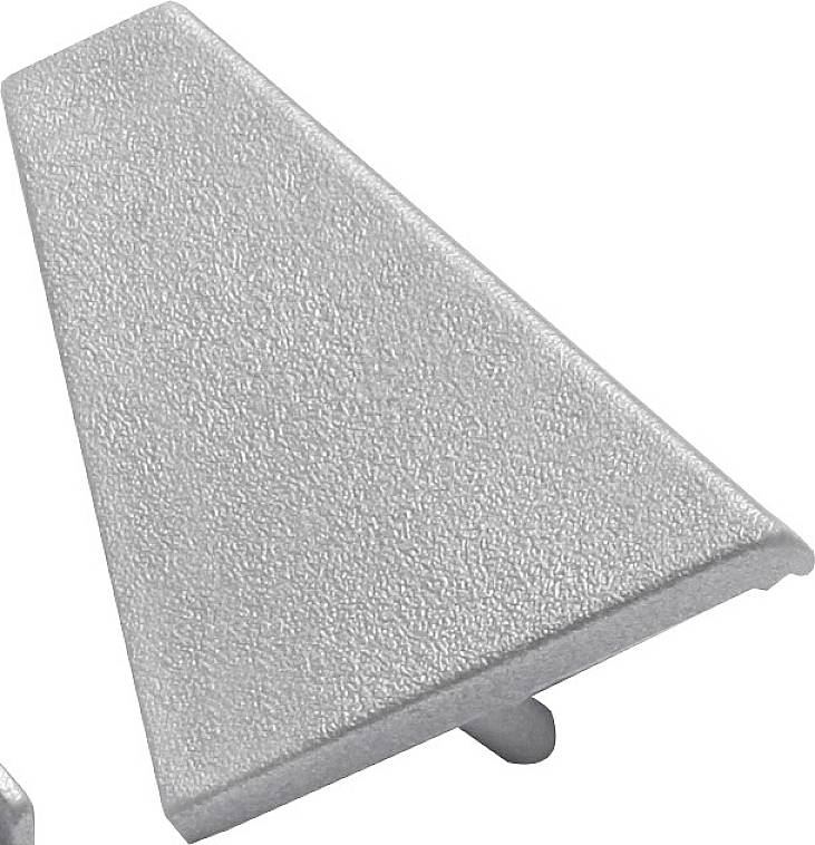 Équerre triangulaire en métal argenté avec surface structurée et deux tenons de fixation.