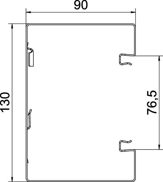 Dessin technique d'un composant rectangulaire aux dimensions 90 mm x 130 mm. La hauteur intérieure est de 76,5 mm.