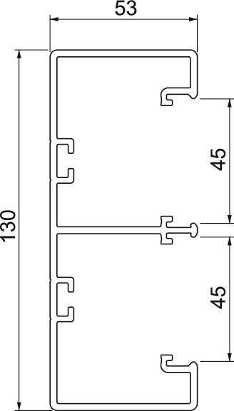 Dessin technique d'un profilé rectangulaire avec les dimensions suivantes : hauteur 130, largeur 53, deux sections de 45 chacune.